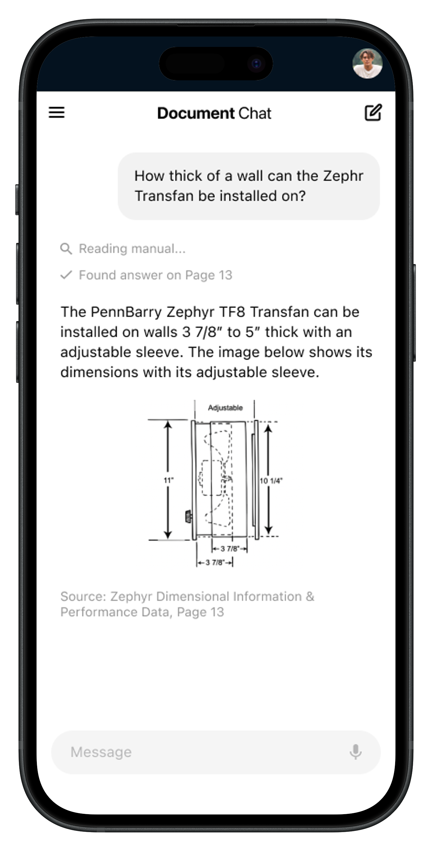 Keycard mobile app showing AI chat with manufacturer documentation