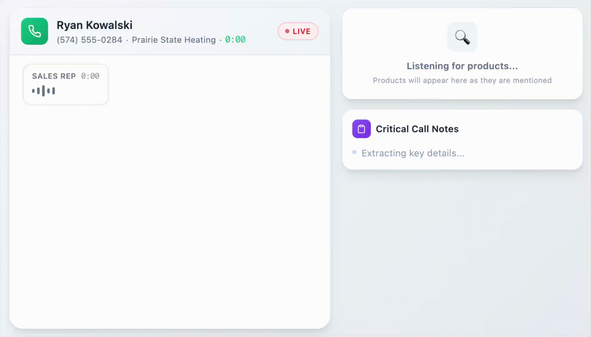 AI phone call assistant demonstration showing real-time transcription and product lookup