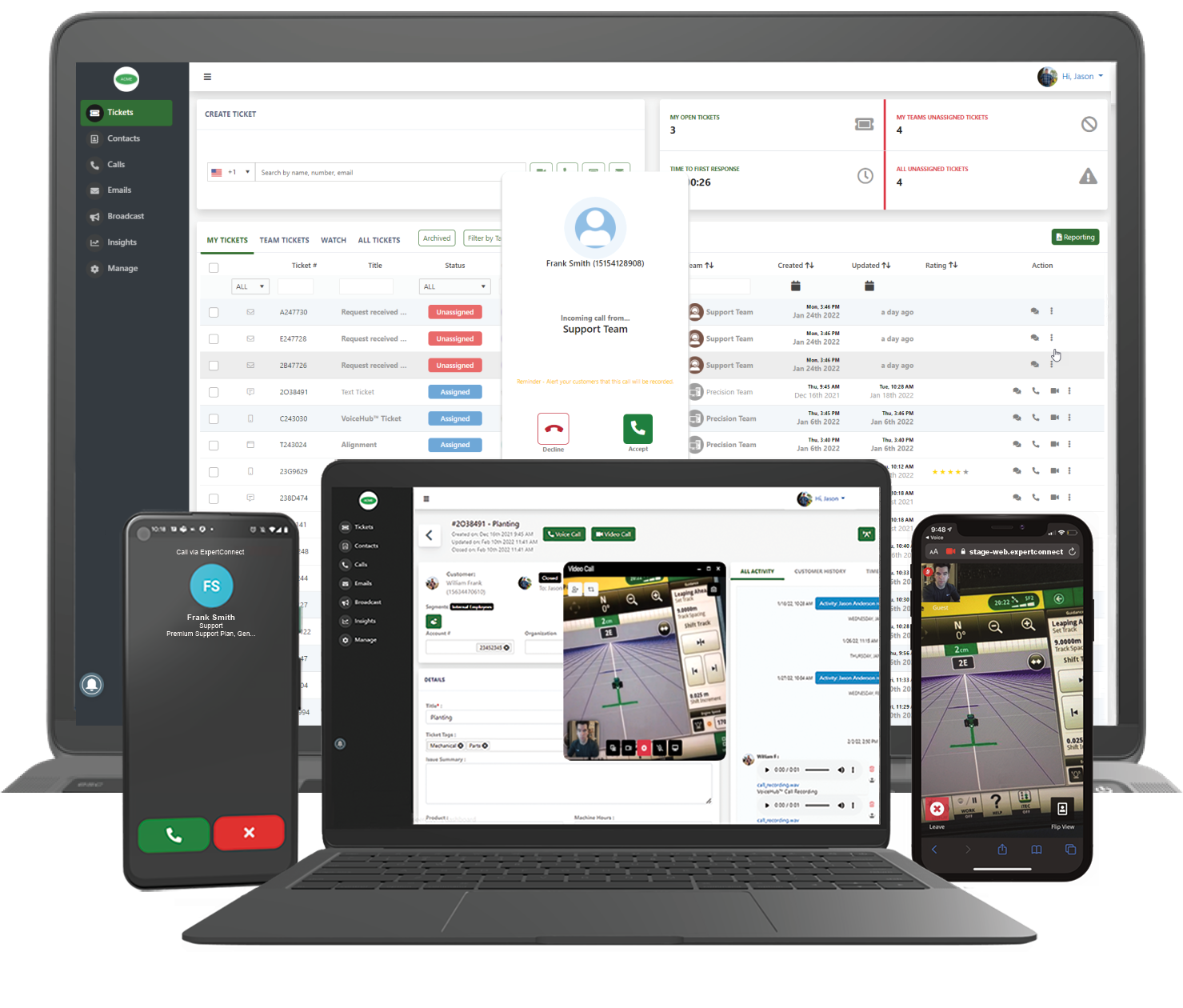 John Deere ExpertConnect shown across desktop, tablet, and mobile devices