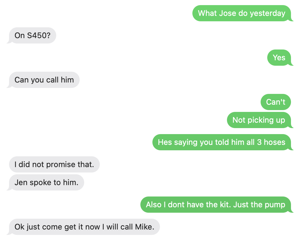 Text messages showing technicians trying to reconstruct prior work and customer promises