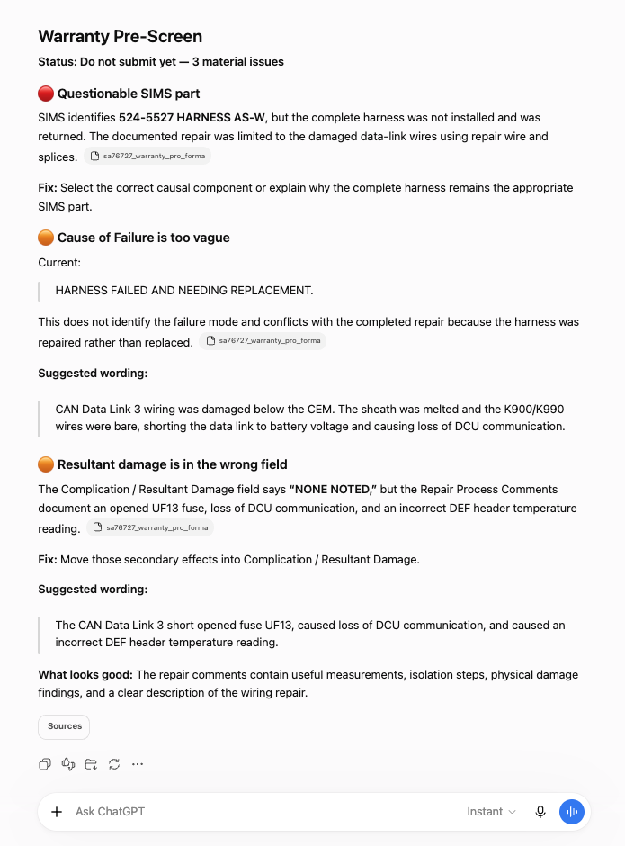 Example ChatGPT output from an AI warranty claim pre-screen