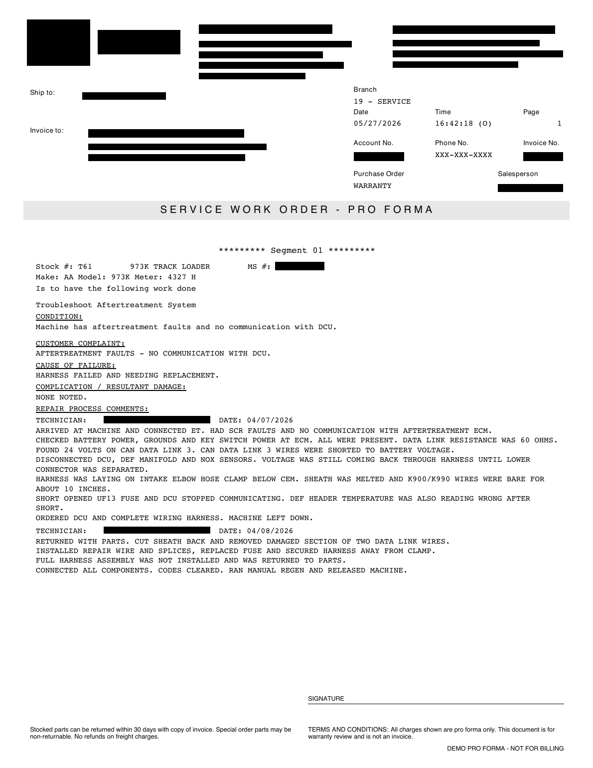 First page of the mock warranty pro forma used in the AI claim pre-screen